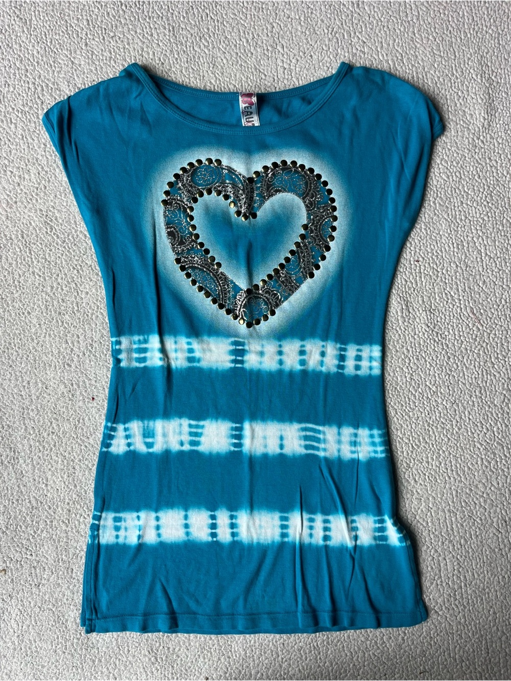 Vintage Y2K Beautees Blue Short Sleeve Tunic Top Tie Dye Stripes Girls Medium